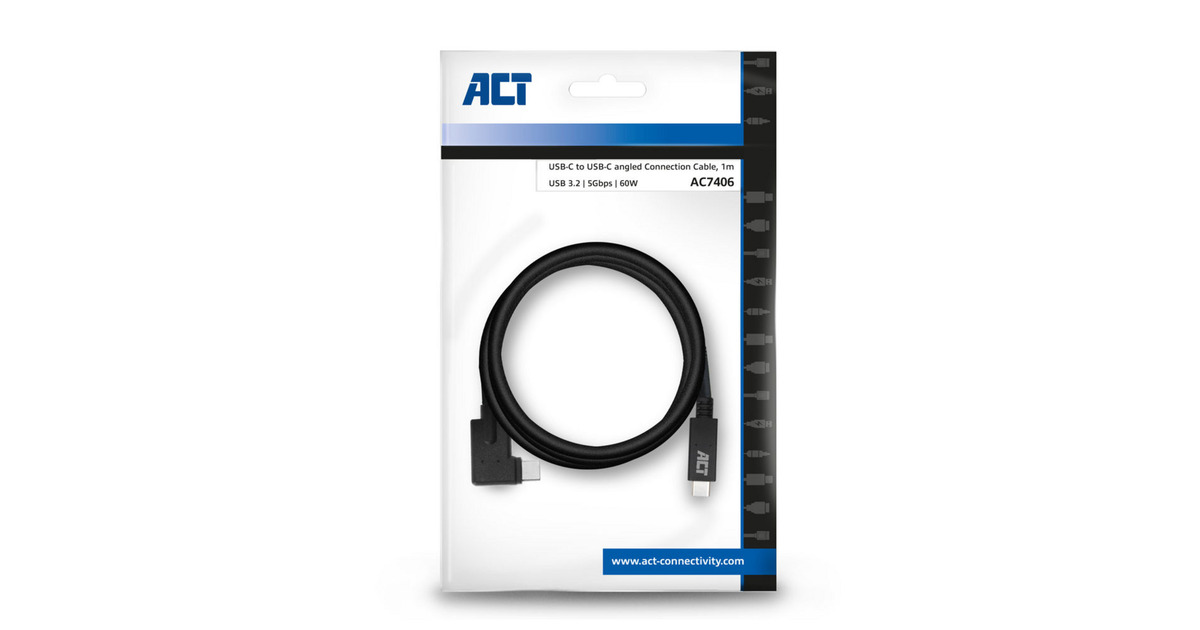ACT ConnectivityUSB 3.2 USB-C (recht) naar USB-C (links/rechts haaks) kabel  (Zwart, 5 Gbit/s, 60W, 1 meter)