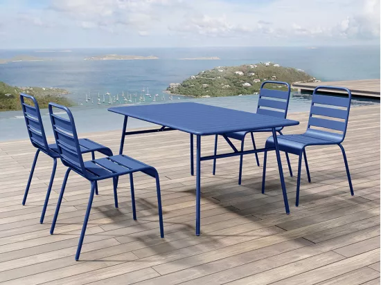 Salle à manger de jardin en métal - une table L.160 cm et 4 chaises empilables - Bleu nuit - MIRMANDE de MYLIA