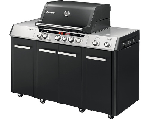 Enders 3 UNIQ PRO 3 IK KEUKEN CRUSTER gasgrill, zwart-zilveren branders, inclusief dekselthermometer, vetopvangbak, grillrooster, hittebestendige handgreep, krachtige verwarmingszone, zijplank en kookgereihouder. Geëmailleerd gietijzeren grillrooster