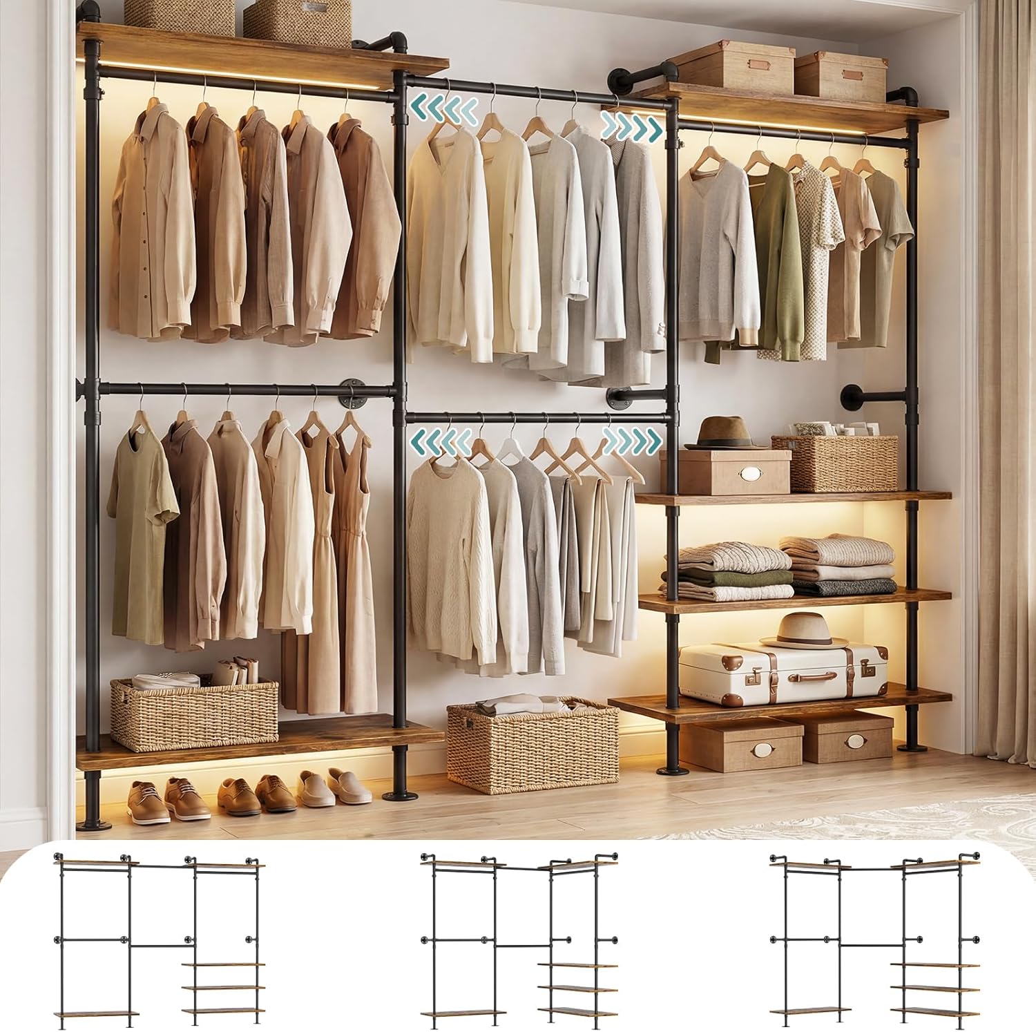 Kleiderschrank System Offen – Teleskop Kleiderstange Schwerlast, Begehbarer Kleiderschrank, Flexibel als L-Form oder Gerade, Industrial Pipe Design für Schlafzimmer & Ankleidezimmer