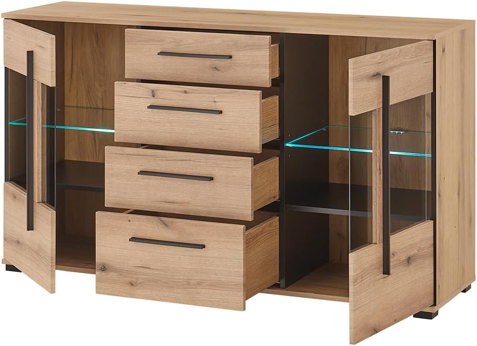 Lomadox Wohnwand Wohnzimmer-Set 5-teilig mit 2 Vitrinen, Sideboard & Highboard in Eiche inkl. LED Beleuchtung