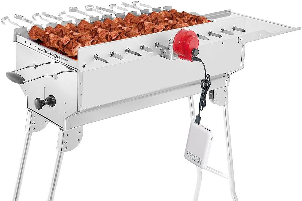 BEM Rambo Mangal Schaschlikgrill, Grillset mit Zubehör inkl. Powerbank + Motor, Elektrisch, Edelstahl, Klappbar, Holzkohlegrill mit Spießen