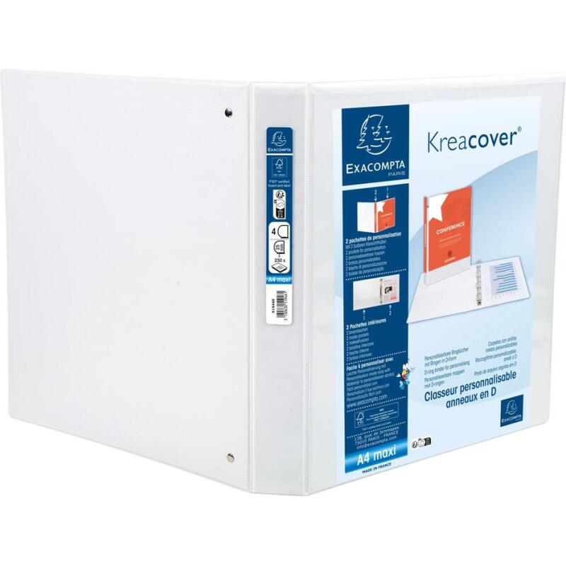 Classeur 4 anneaux cartonné Exacompta Kreacover® personnalisable A4 maxi - Dos 4,7 cm blanc