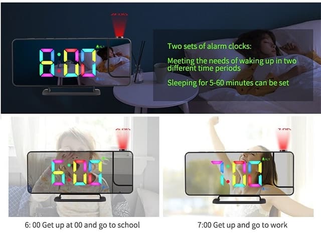 Projektorur digitalt ur RGB lys 6 lysstyrke 180° roterbar projektor Hvid
