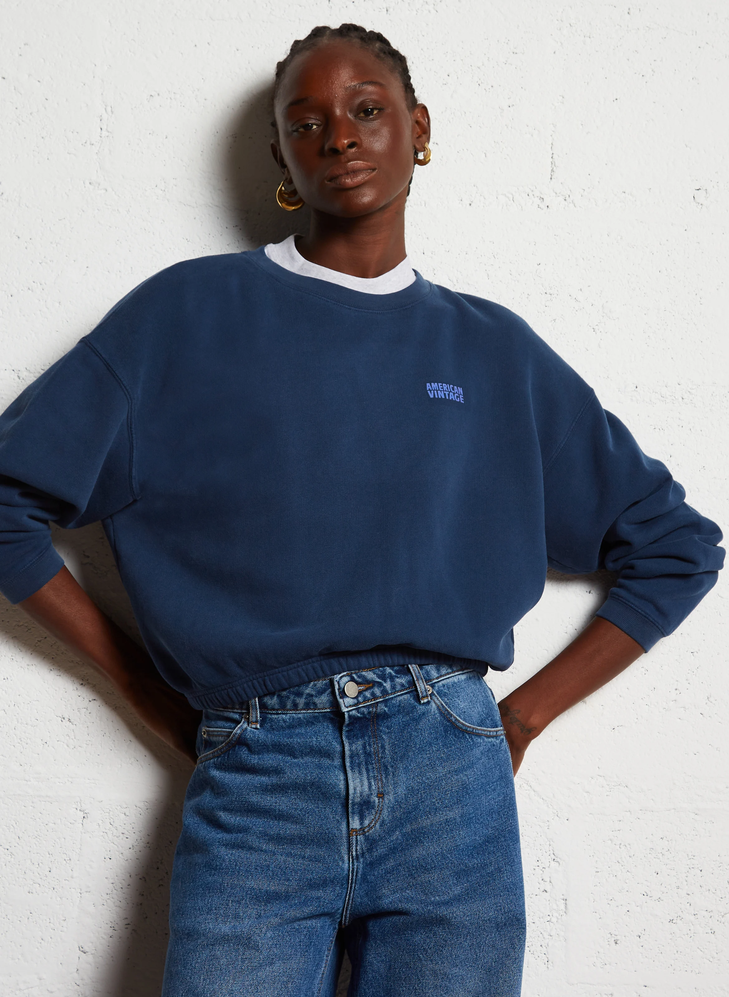 IZUBIRD - Sweat court col rond en coton mélangé| Bleu