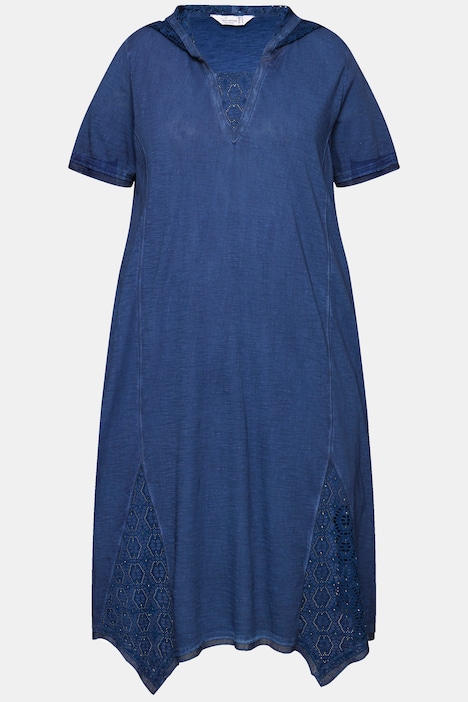 Jerseykleid, A-Linie, cold dyed, Kapuze, Stickerei-Einsätze, Halbarm