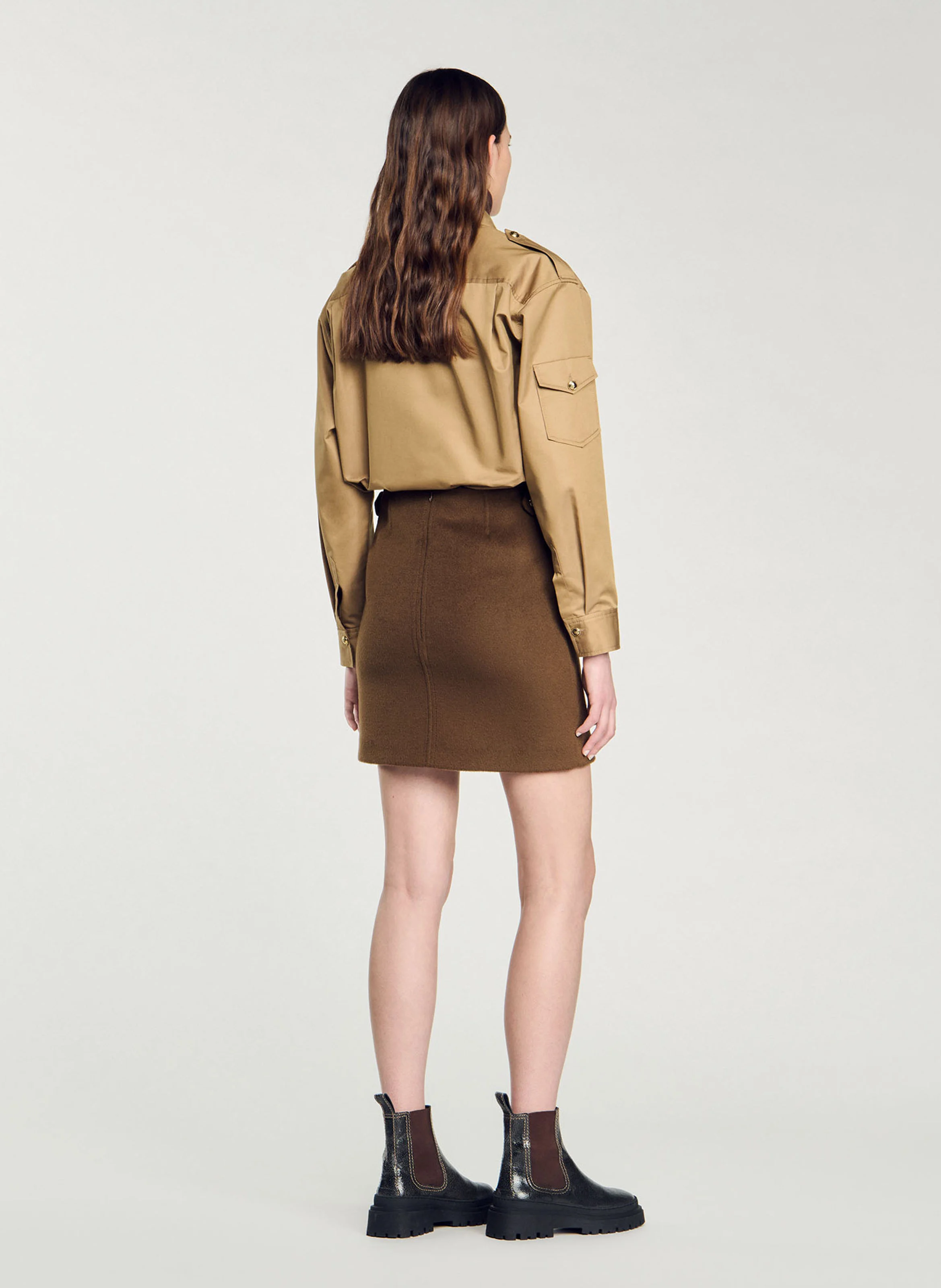 Jupe courte en laine double face | Kaki