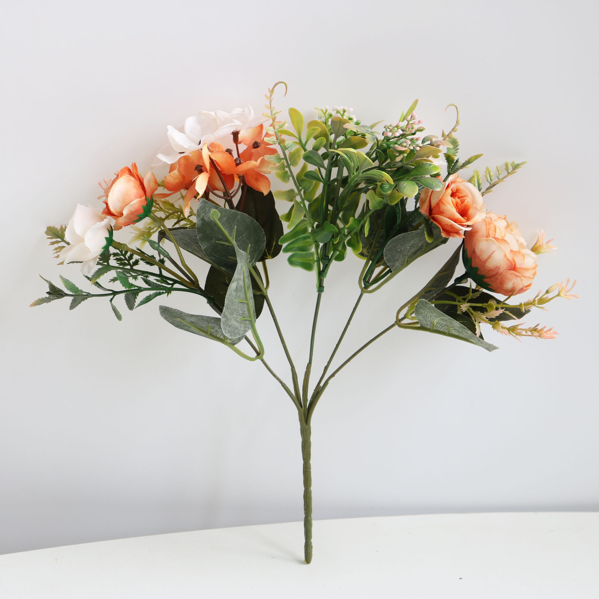 (32cm) Deko Kunstblumen Rosen Blumenstrauss - Orange / Weiss