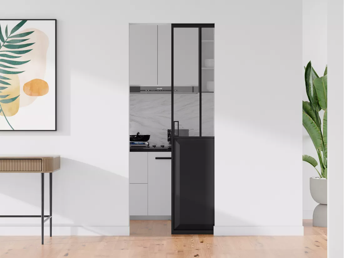 Porte coulissante atelier avec système à galandage - Noir et verre trempé - H205 x L63 cm - ARTISTO II