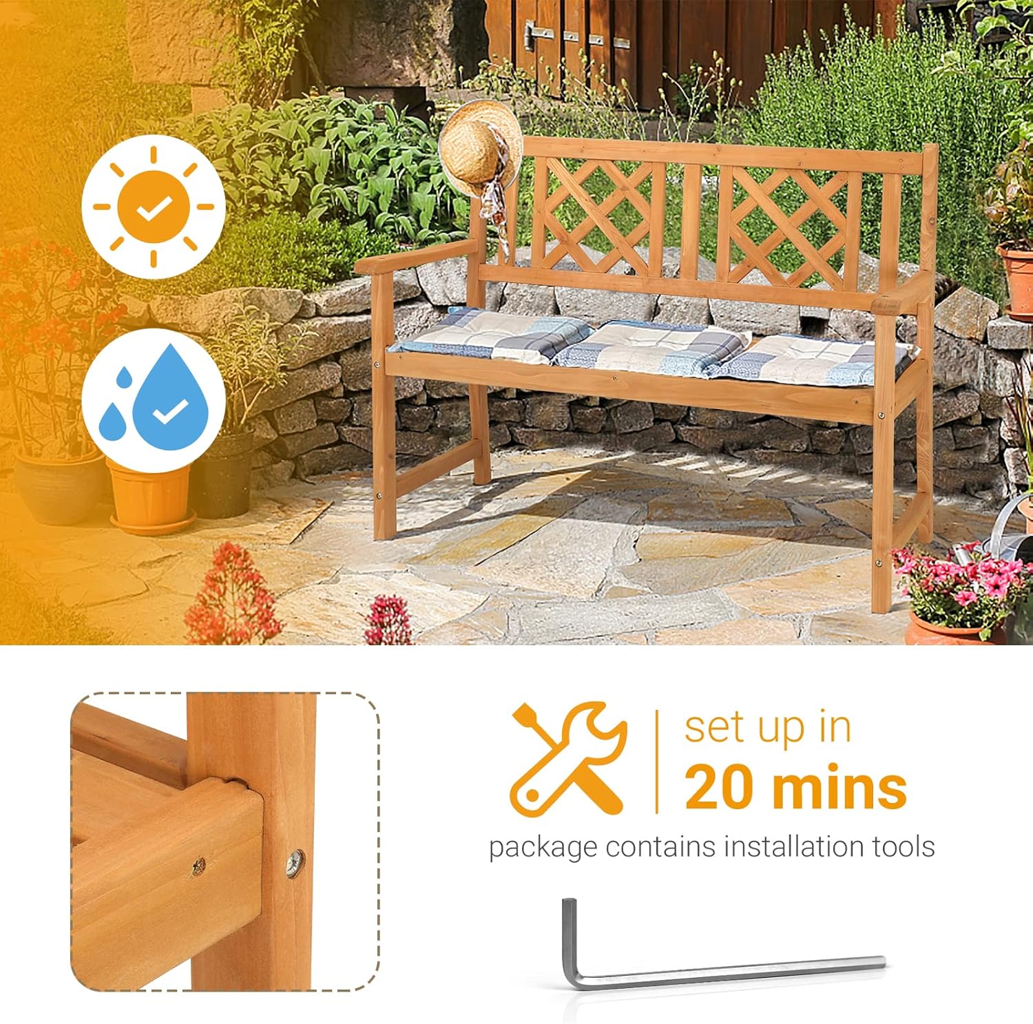 LEADZM Gartenbank,Holzbank,Holz Wetterfest,2-Sitzer,118 cm,Ergonomisch gestaltete Rückenlehne und Armlehnen,Bequem Balkonbank,275 kg Belastbar,für Balkon,Terrasse,Garten,Outdoor