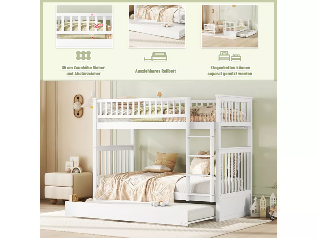 Lits superposés 2 x 90 x 200 cm + lit gigogne 90 x 190 cm - Bois MDF - Blanc - ANTHONY