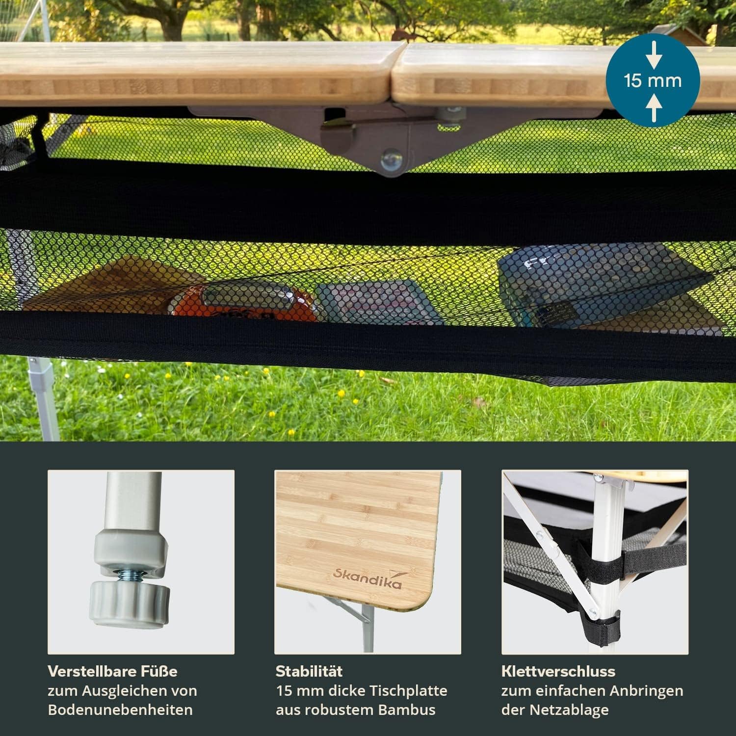 Skandika Bambus Campingtisch Tolja | Faltbarer Tisch mit Netzablage, versch. Größen, 3-Fach höhenverstellbar, Alu, Holz, wetterfest, UV-beständig | Klapptisch für Camping, Garten, Balkon