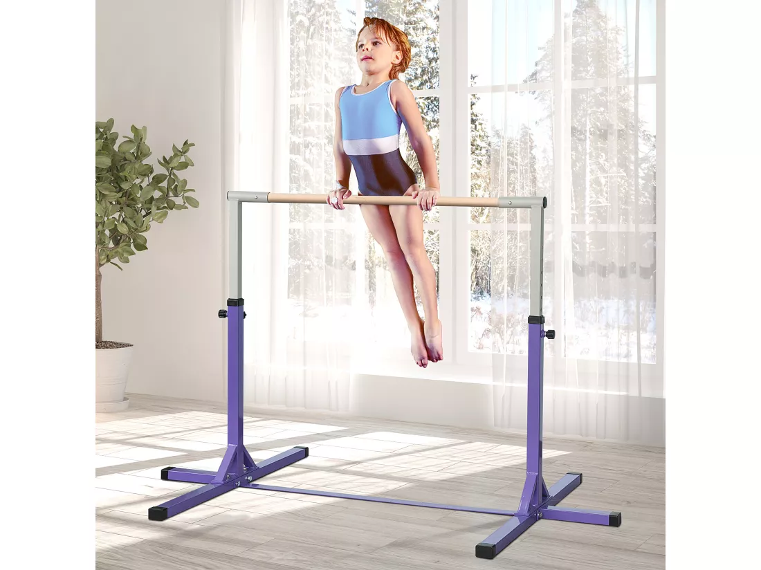 Barre fixe de gymnastique enfant - barre de gymnastique hauteur réglable 13 niveaux 92 à 150 cm - acier violet bois massif hêtre