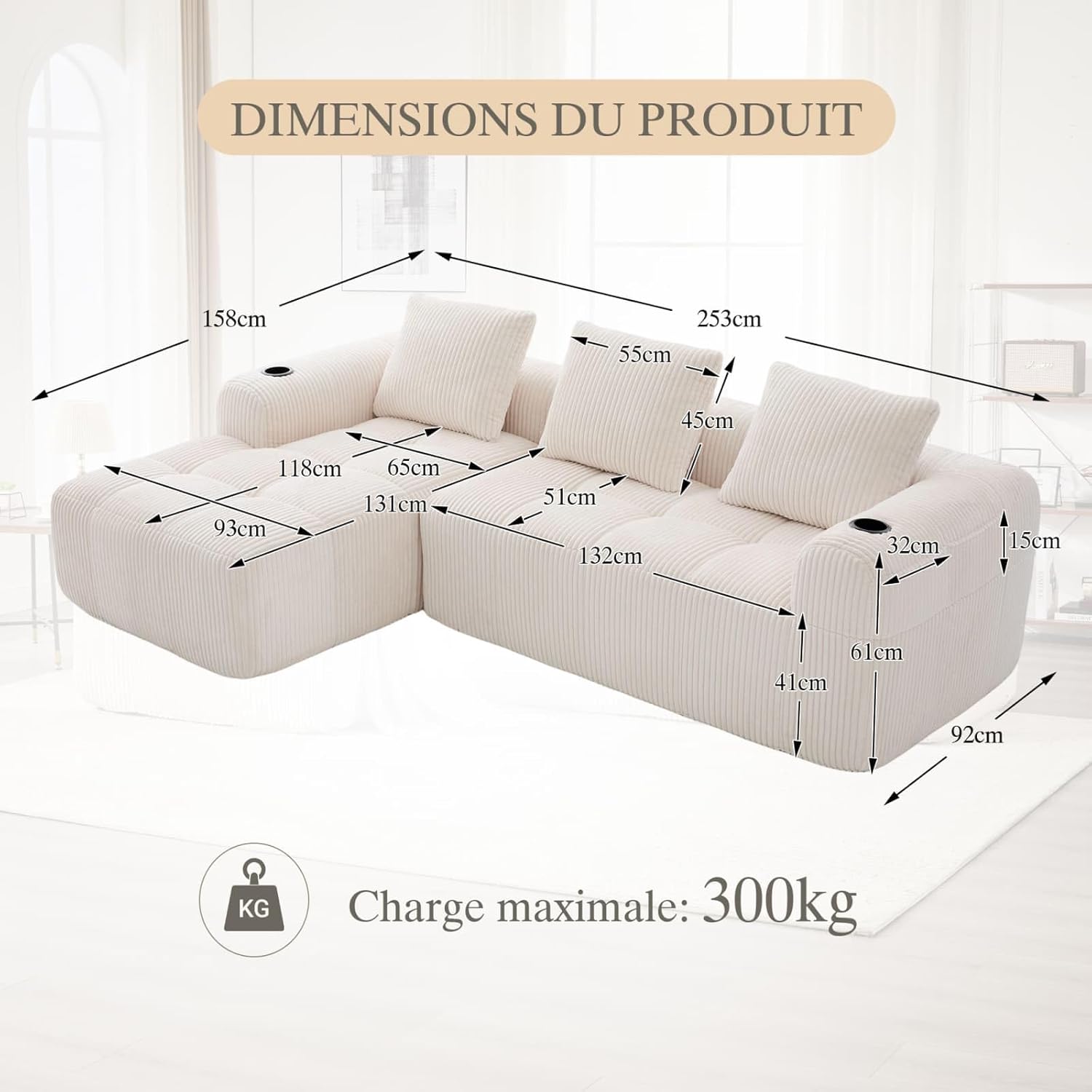 Canapé en Velours côtelé Moderne avec 3 Coussins, 2 Poches latérales, Canapé de Loisirs Modular 4 Places avec 2 Porte-gobelet, Canapé d'angle pour Salon, Bureau (Beige) FE3519670