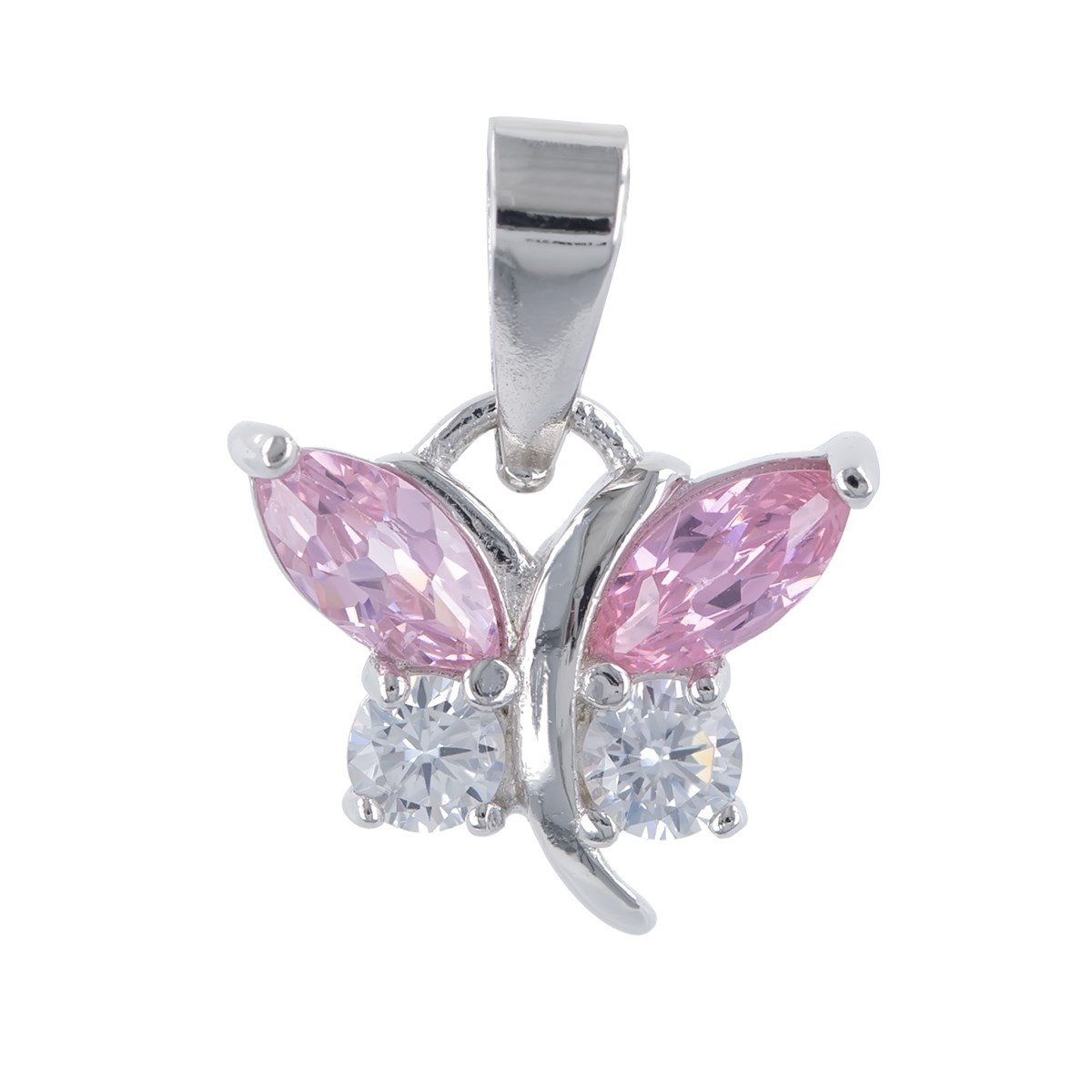 Pendentif argent rhodié cubic zirconia rose papillon