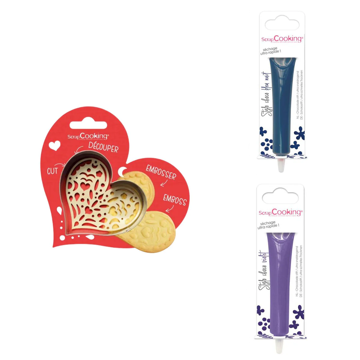 Kit pour biscuit en relief Coeur + 2 Stylos au chocolat bleu nuit et v