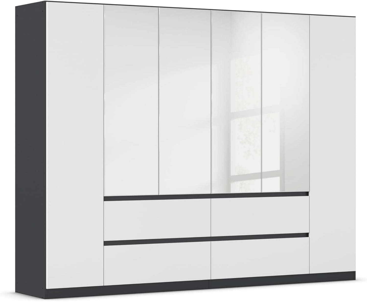 Rauch Möbel Mainz Schrank Kleiderschrank Drehtürenschrank Weiß-Grau metallic, Schwarz, 6-türig Spiegel, 4 Schubladen, Zubehörpaket Basic 4 Einlegeböden, 4 Kleiderstangen, grifflos BxHxT 271x210x54 cm