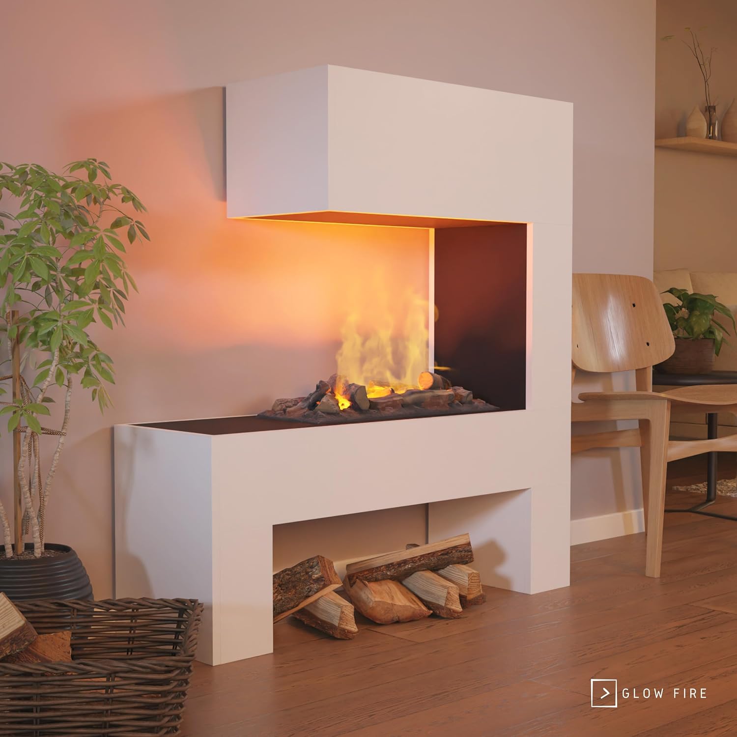 GLOW FIRE Wasserdampf Kamin Mozart (Standkamin) - Elektrokamin mit realistischen LED 3D-Flammen, Knistereffekt & Fernbedienung, 110x120x35 cm - Opti-Myst 600 Elektro Kamin mit Holz-Deko, Weiß
