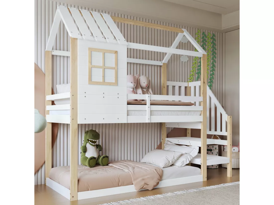 Lits superposés cabane avec escaliers d'angle et clôtures - 2 x 90 x 200 cm - double certifié FSC et EN747 - Pin - Blanc