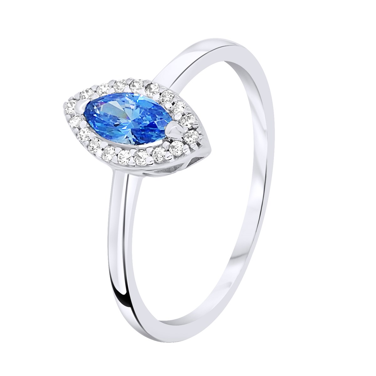 Bague Navette serti D'oxydes de Zironium Bleu et Blanc - Sertis Griffes - Or Blanc