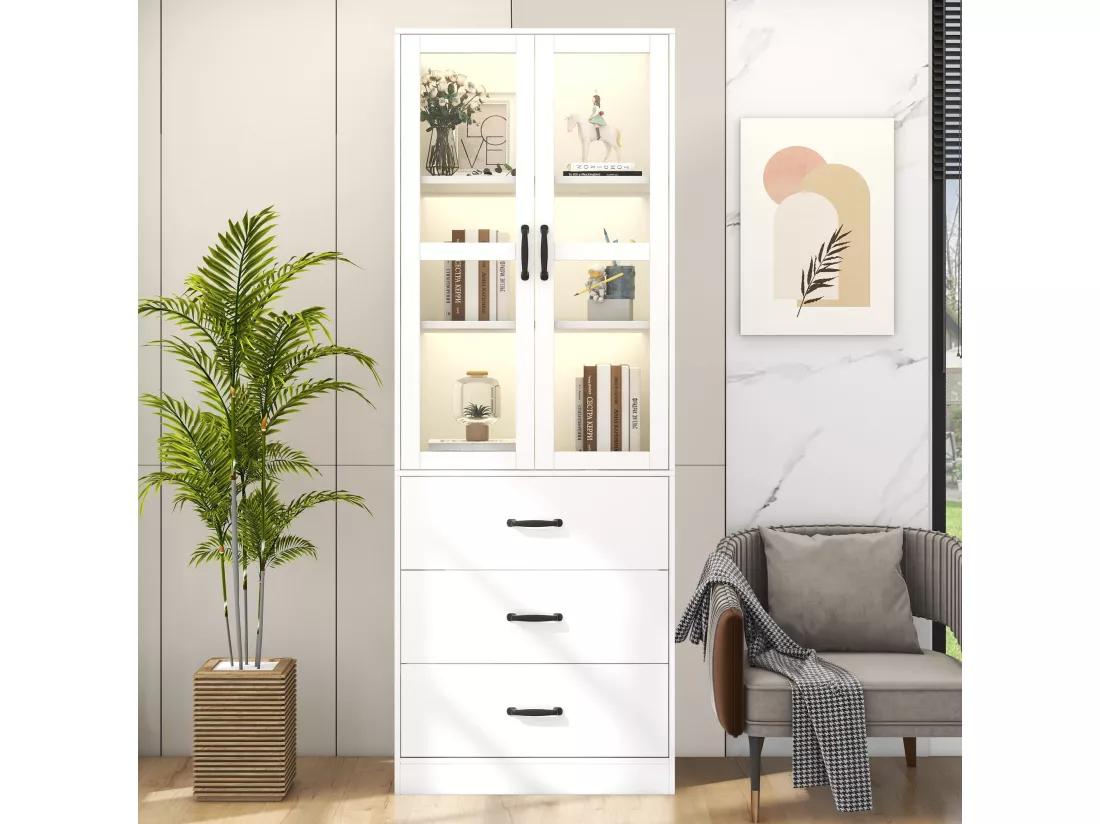 Vitrine avec 3 tiroirs et 2 portes vitrées - LEDs - Bois en MDF - laqué blanc - 60 x 40 x 200 cm