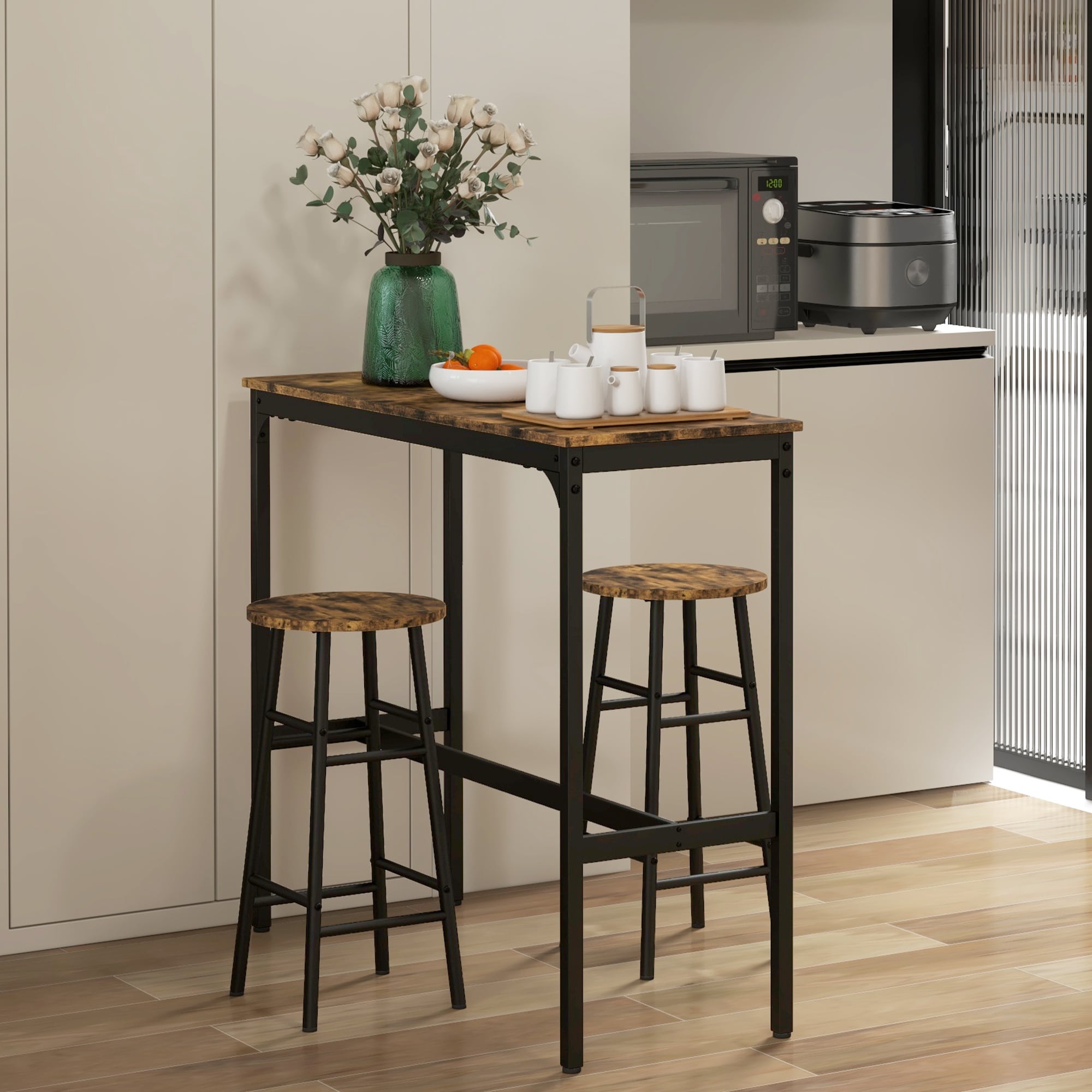 HOMCOM Bartisch-Set mit 2 Hocker braun 105L x 40B x 90H cm