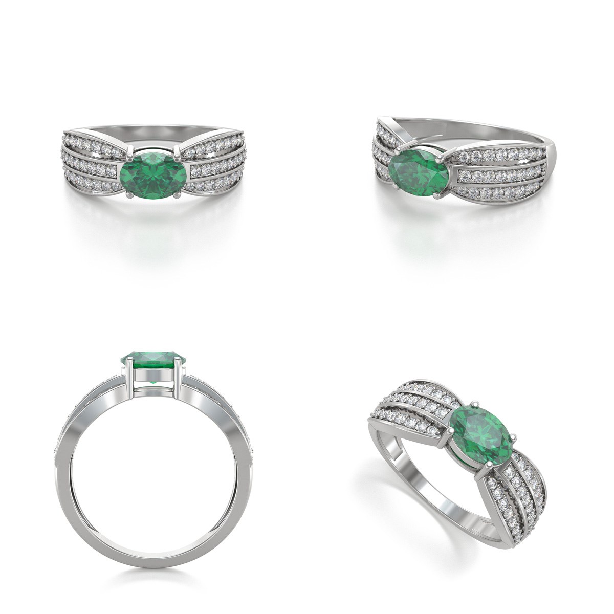 Bague ADEN Or 585 Blanc Emeraude et diamants 2.89grs