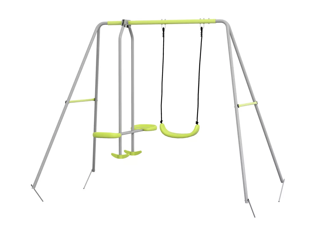 Balançoire 2 agrès portique avec balançoire et face à face dim. 2,55L x 1,6l x 1,8H m métal époxy PE gris vert