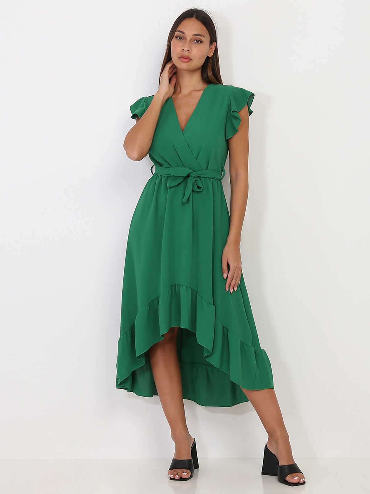 Robe mi-longue asymétrique à volants- Vert