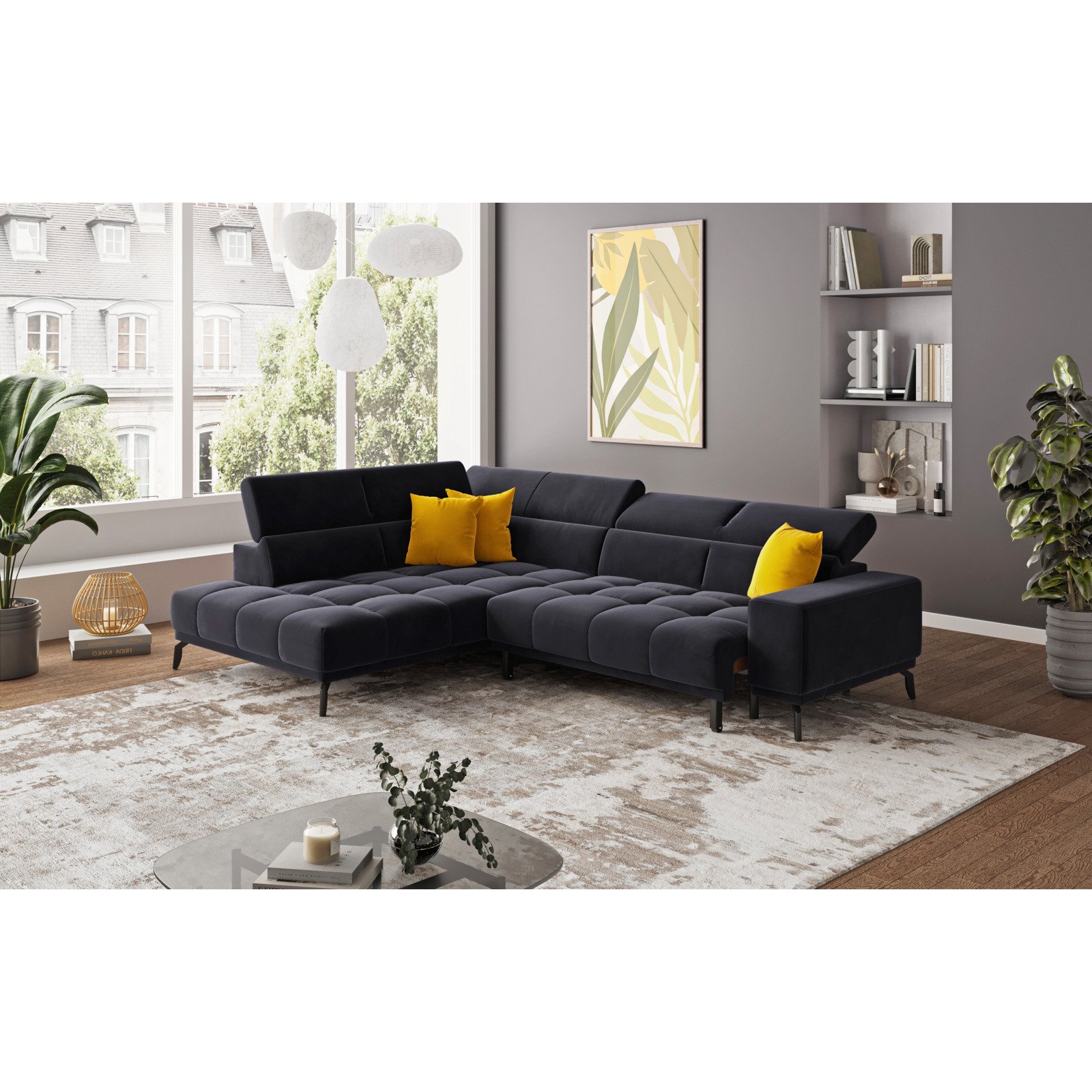 Ecksofa Jamba Stoff schwarz, Ottomane links
