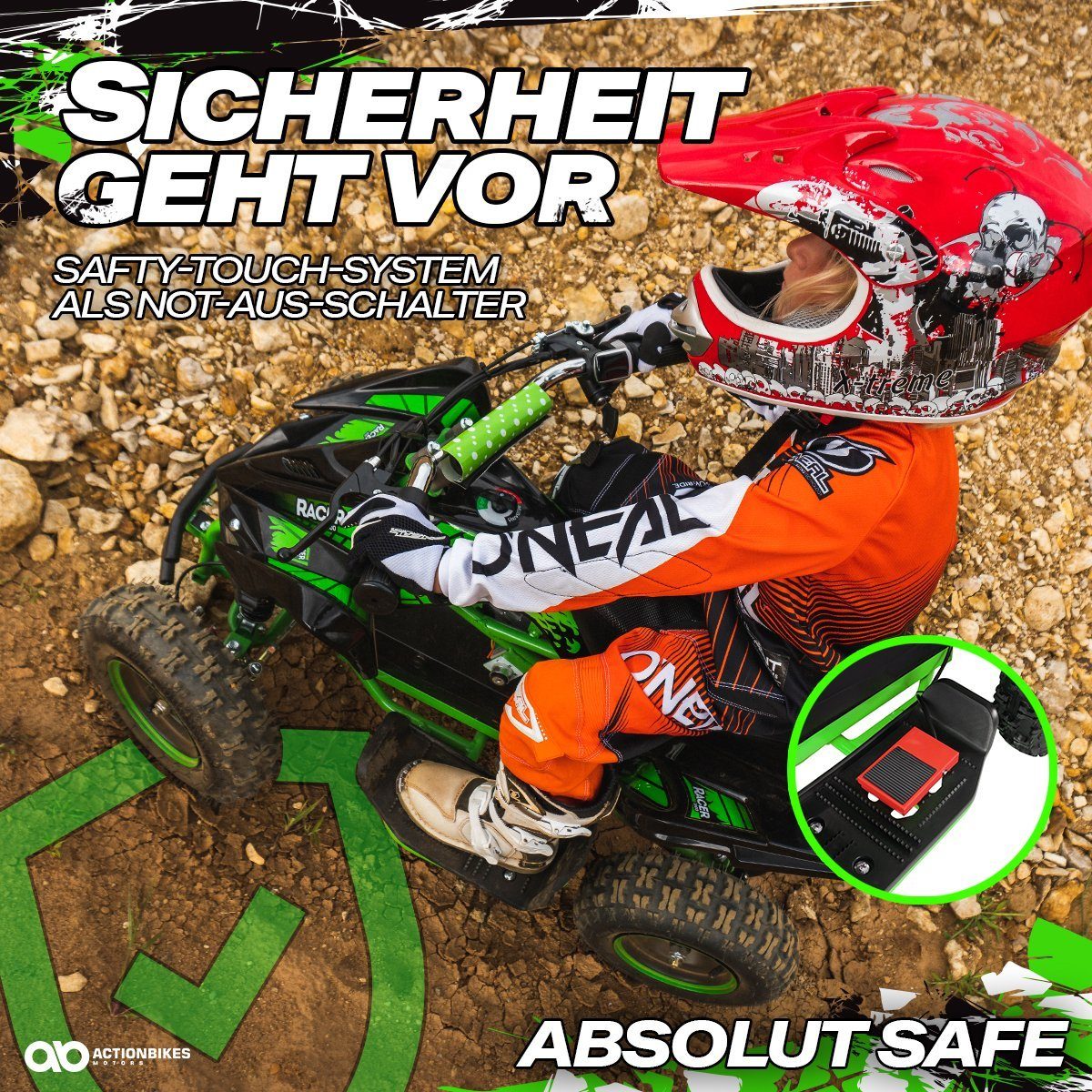 Quadriciclo Elétrico Infantil Actionbikes Motors Mini Quadriciclo Elétrico Infantil Racer 1000 W 36 V, capacidade de carga 50 kg (1 unidade), até 50 kg - freios a disco - interruptor de pé Safety Touch System