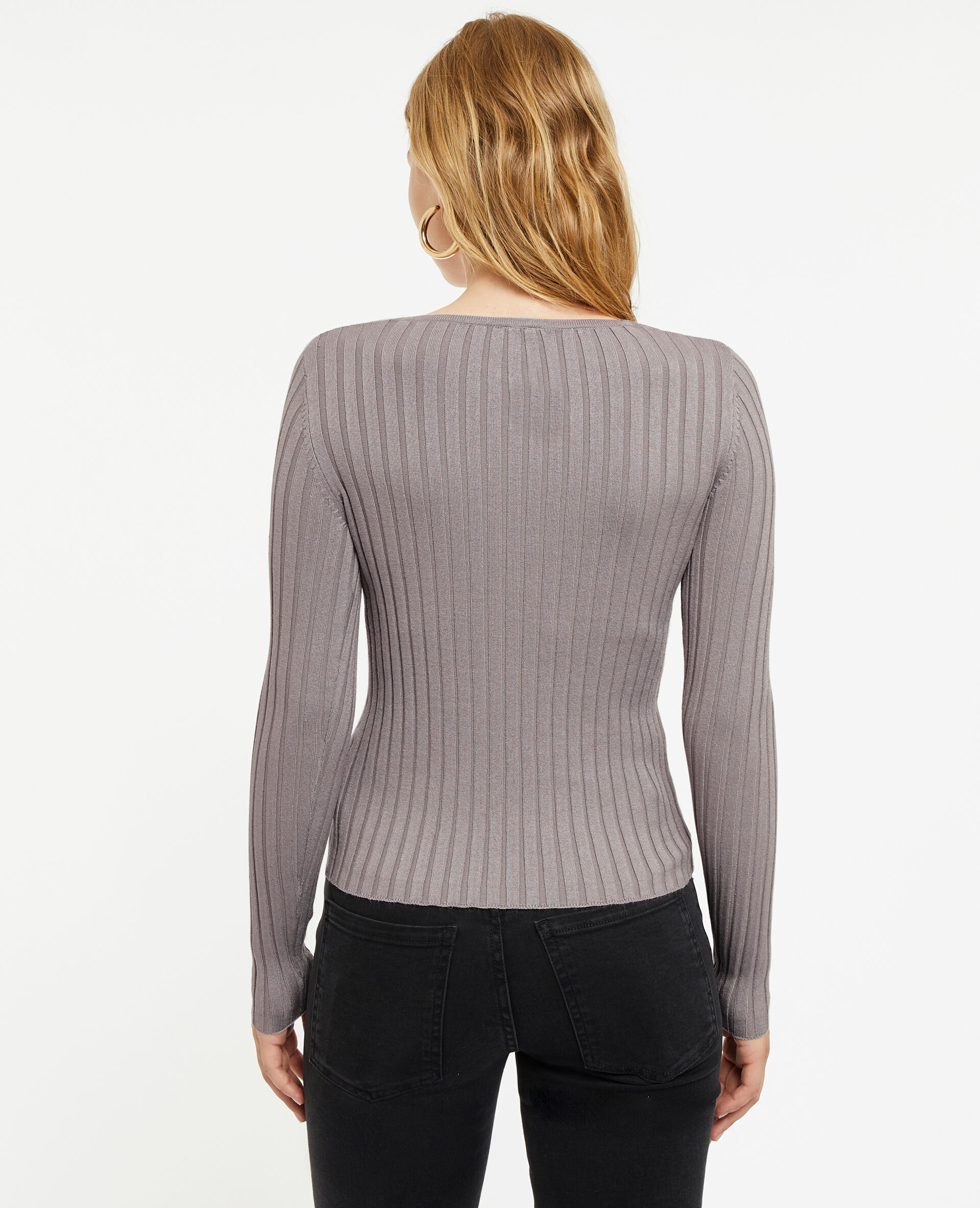 Pull col V en maille côtes plates - Gris