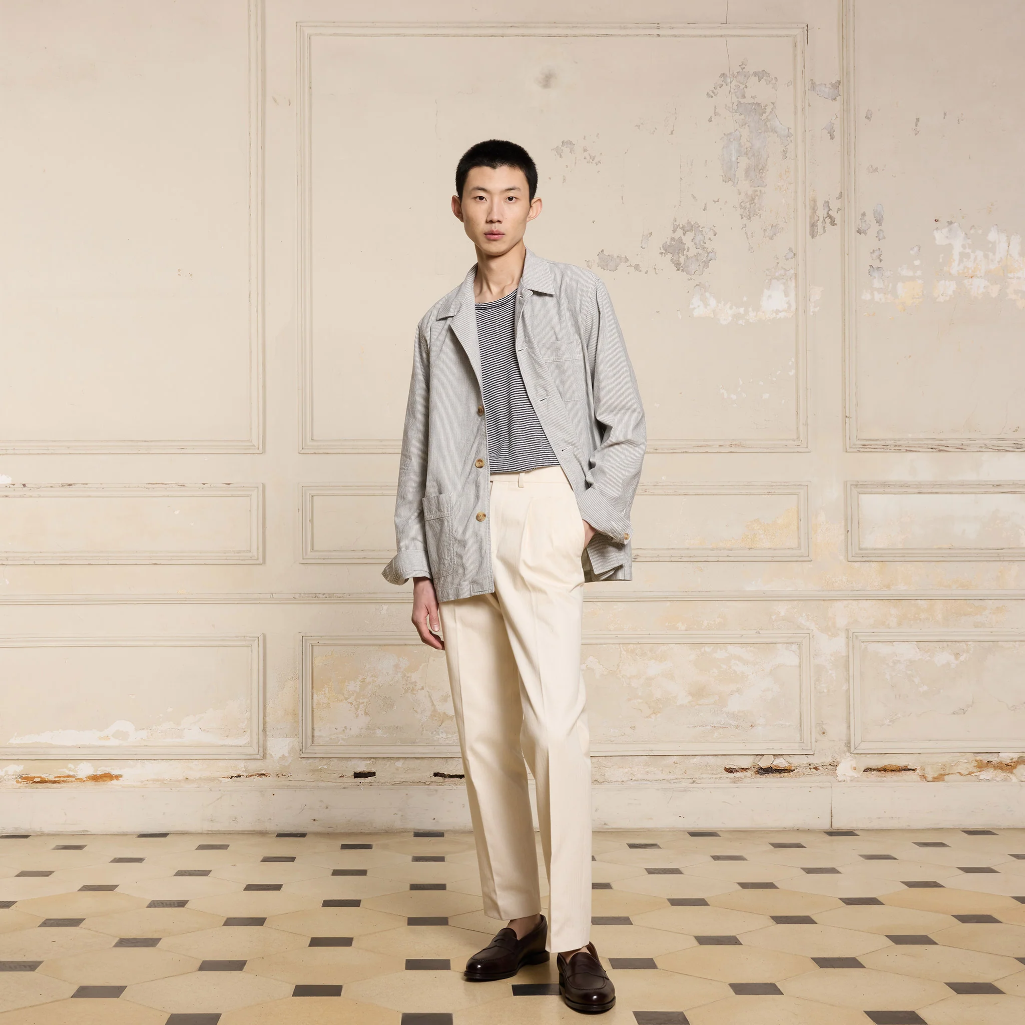 Blue and ecru striped work jacket