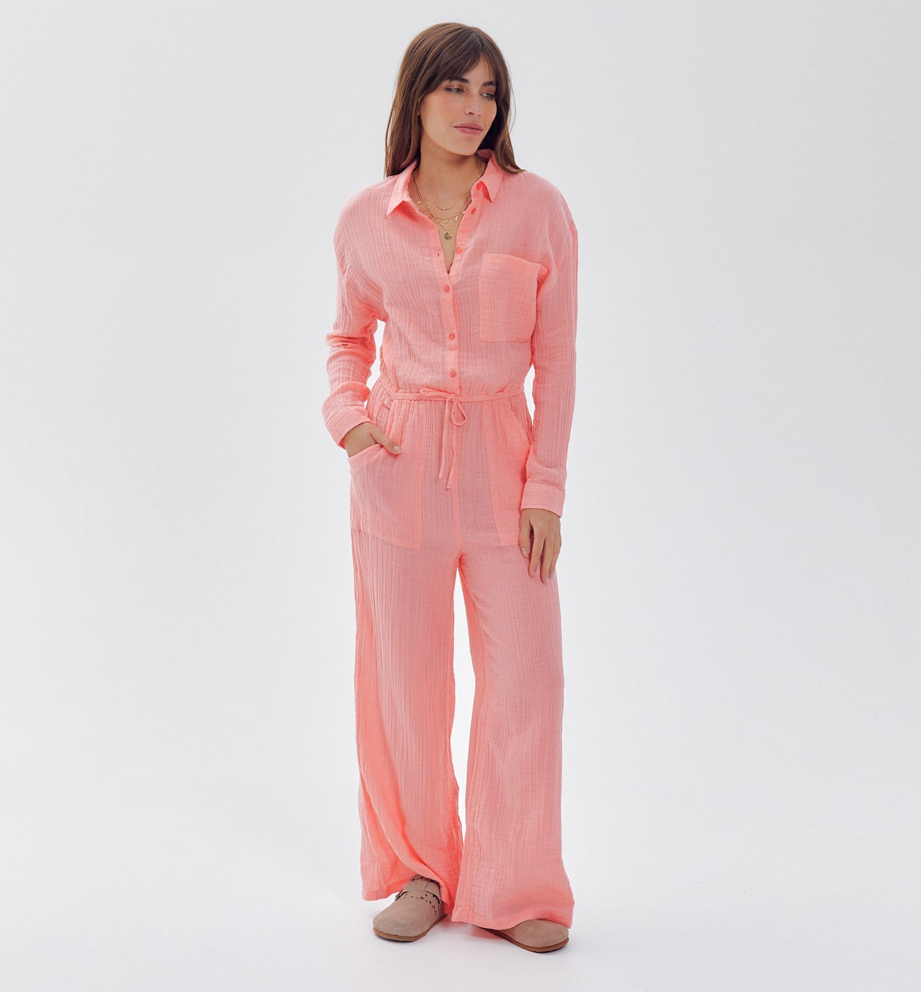 Combi en gaze de coton Femme - Corail