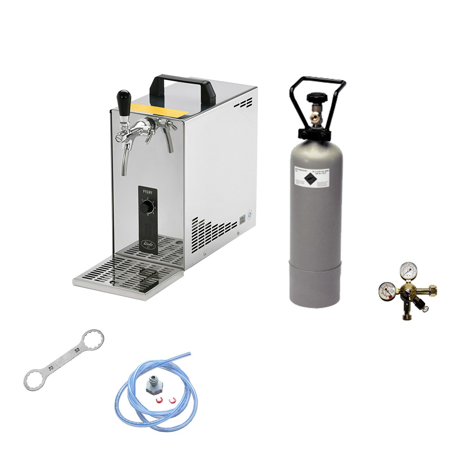 Komplett Set - Zapfanlage, Bierzapfanlage, Bierkoffer, Durchlaufkühler PYGMY 25 1-leitig Trockenkühler, 35 Liter/h, Zapfkopf:NC Adapter