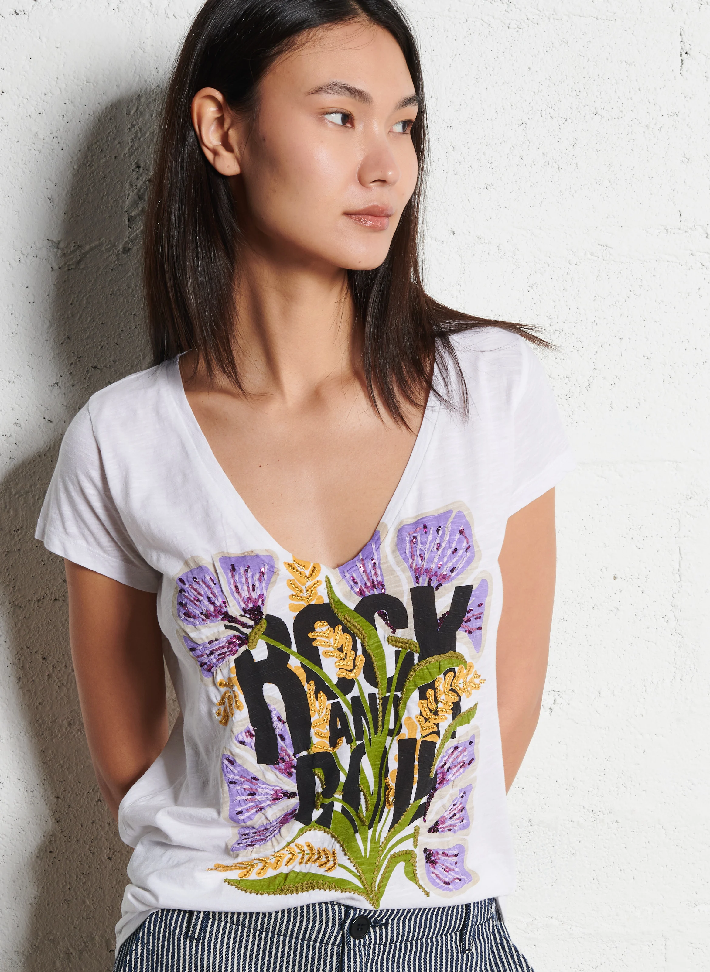 TONTON - Tee-shirt droite col V à imprimé en coton bio | Blanc