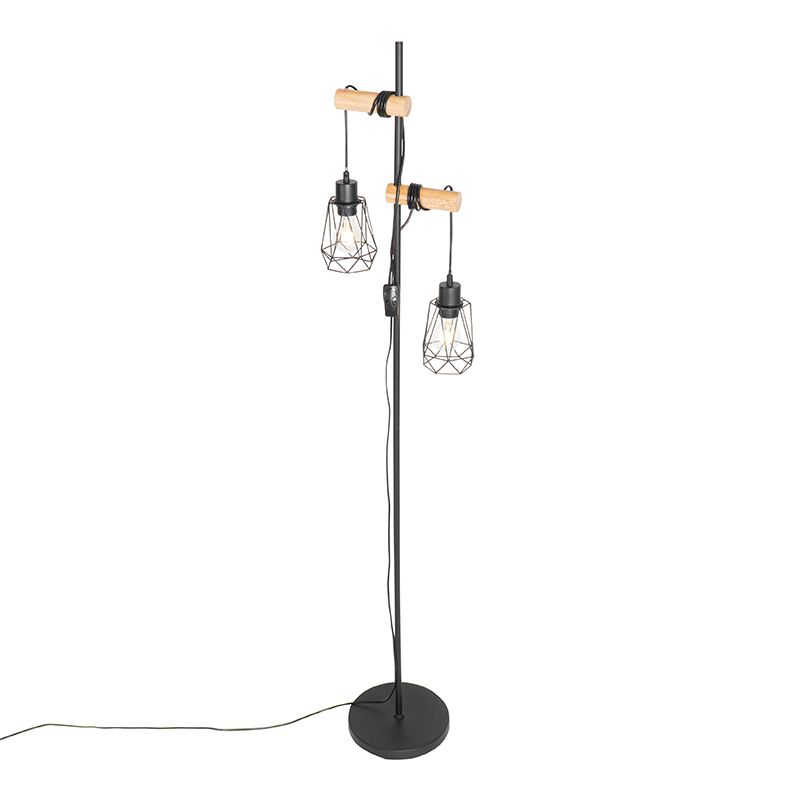 Landelijke vloerlamp zwart met hout 2-lichts met kap - Dami Frame