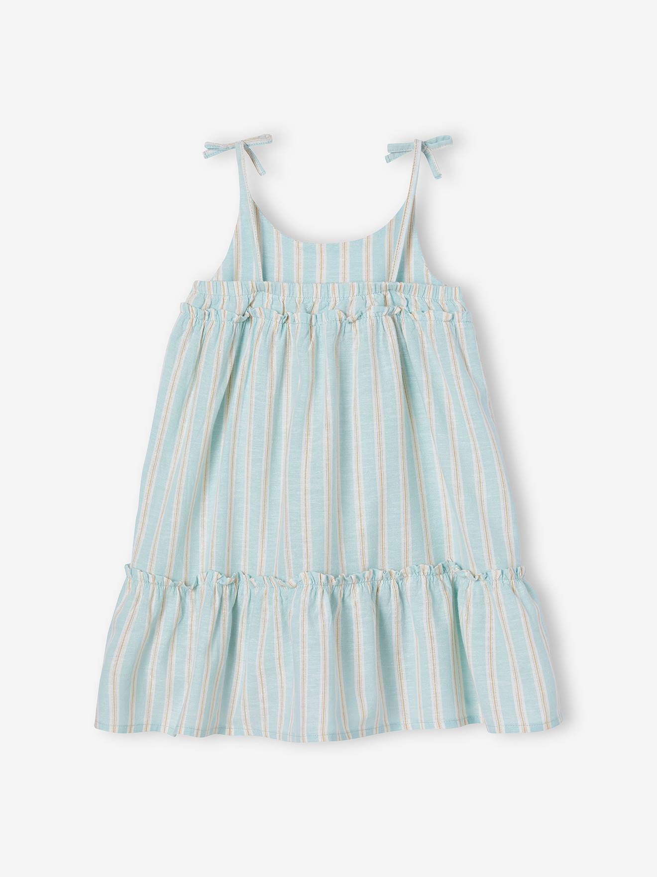 Vestido listrado azul claro com fios brilhantes e alças para meninas