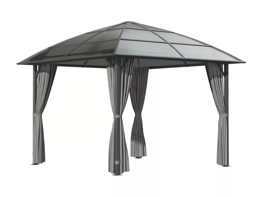 Pavillon de jardin barnum rigide dim. 3,05L x 3,05l x 2,7H m 4 rideaux zippés alu. acier polycarbonate noir polyester gris
