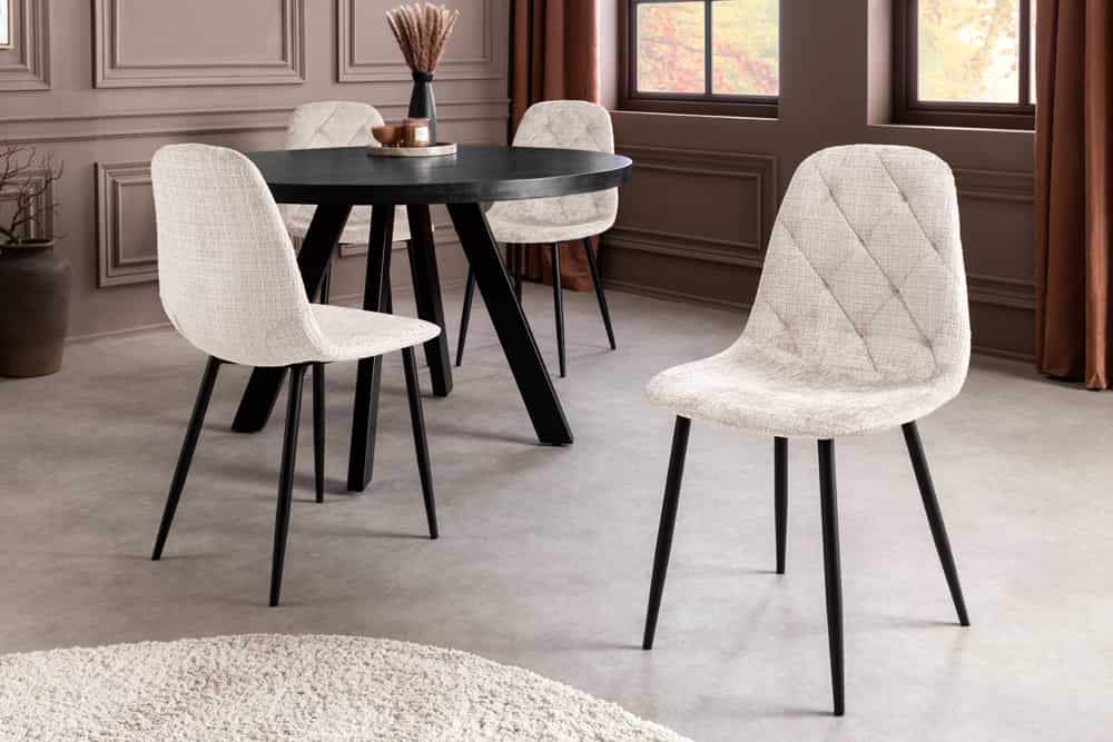 Stilvolles 2er-Set Stühle GLAMM champagner beige Chenille Cremona schwarze Metallbeine