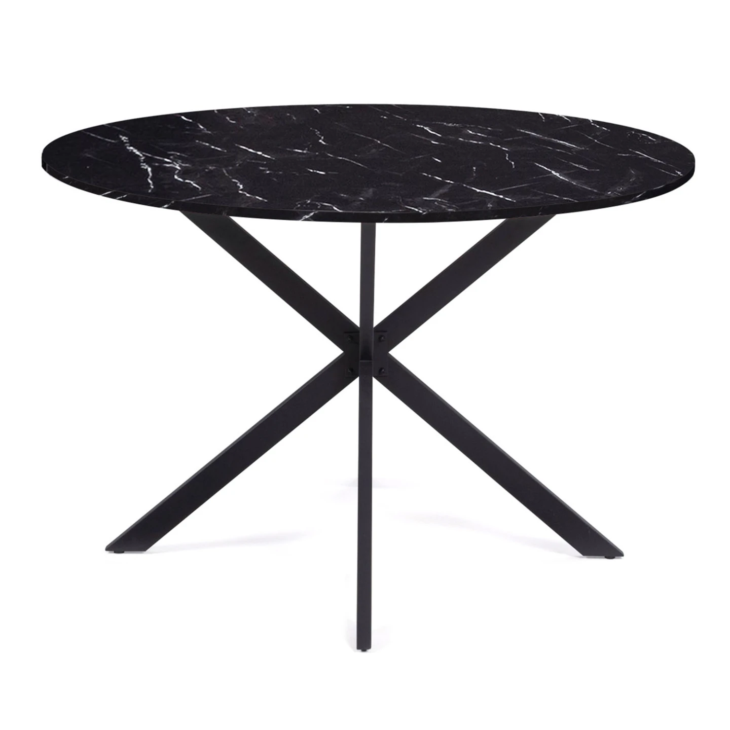 Table à manger ronde ALIX 6 personnes pied araignée noir et plateau effet marbre noir ALASKA 110 cm