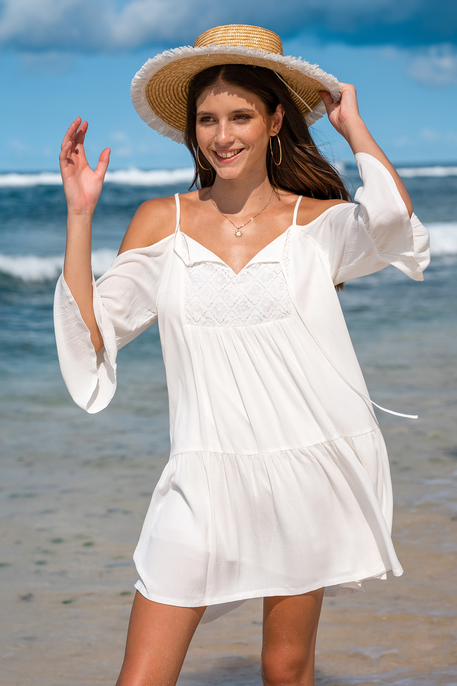 Robe mini avec col en V à lacer blanche