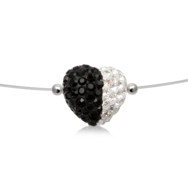 Collier Invisible Nylon Coeur en Cristal Noir et Blanc et Argent 925
