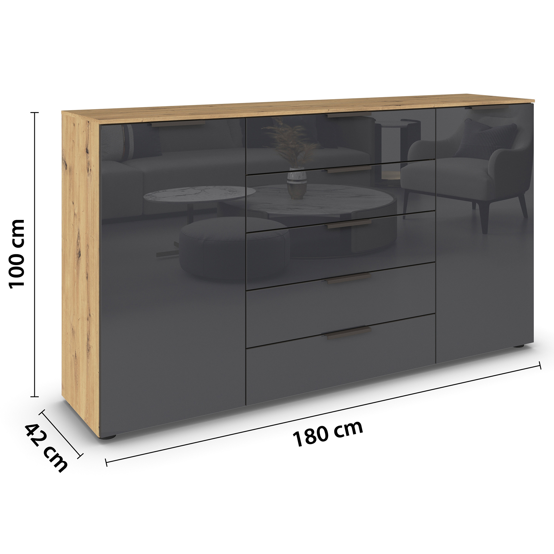 Kommode - Artisan Eiche-Basaltglas - Graphitgriffe - 180 cm