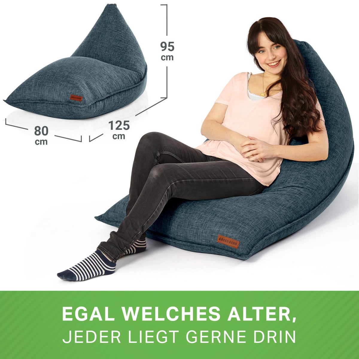 Green Bean Triangle Zitzak 150x100x100cm met 220 liter EPS-korrelvulling - Knuffelzacht en wasbaar - Binnenkussen van stof voor op de vloer, ligstoel en zitkussen - Blauw