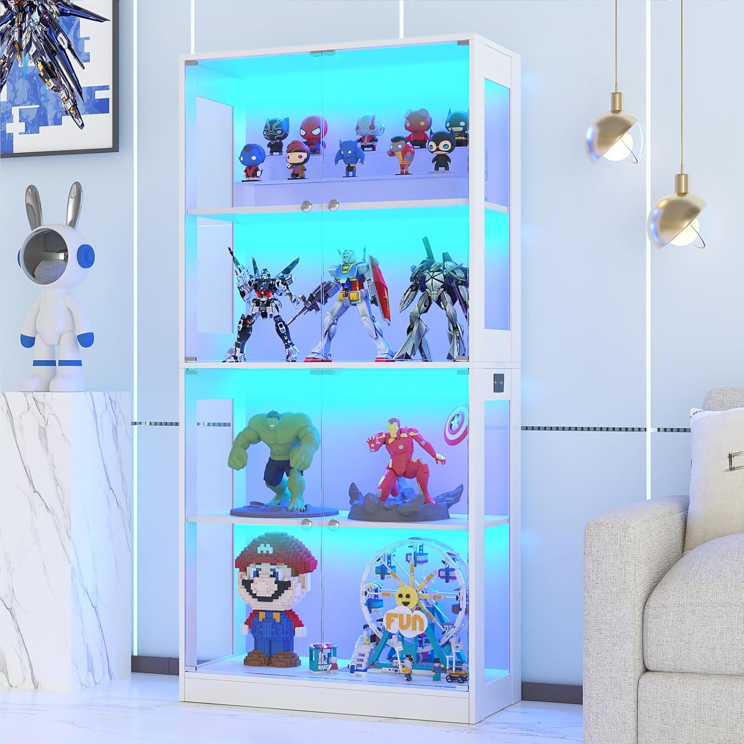 VOWNER 4-Lagen LED Vitrine mit Glastür, Vitrinenschrank mit 3-farbige Beleuchtung Bewegungssensor, Glasvitrine für Sammlerstücke, Bücherregal für Wohnzimmer, Schlafzimmer, Büro (Weiß, 4 Regalböden)
