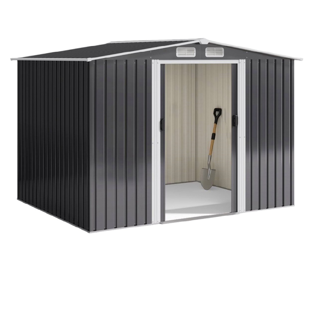 Abri de jardin en métal gris anthracite – toit à deux pentes avec portes coulissantes et aérations