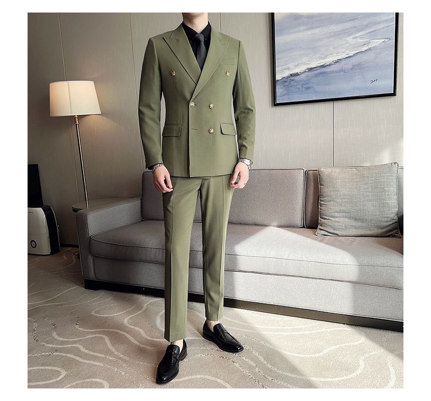 Deepwood - Set: effen dubbelrijs blazer + vest met knoopjes + hoge taille rechte broek