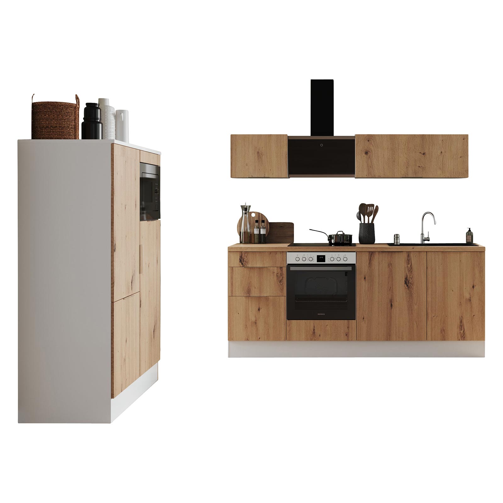 RESPEKTA Küchenblock - Artisan Eiche - weiß matt - mit E-Geräten - 340 cm