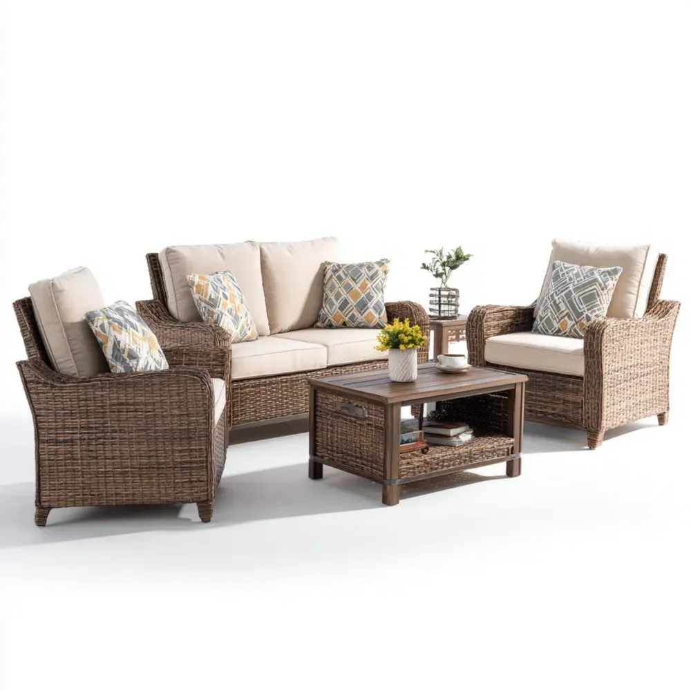 Polyrattan Gartenmöbel-Set Braun/Beige - 3-Sitzer Sofa, 2 Sessel, Couchtisch